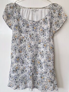 Blousology| Ivory, Blue & Yellow Floral Scoop-Neck Cap Sleeve Flowy Blouse Sz M